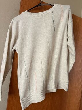 Democracy Cream Crewneck Sweater with Pink and Green Stitch Accents